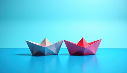Two Colorful Paper Boats on Turquoise Background for Creative Use