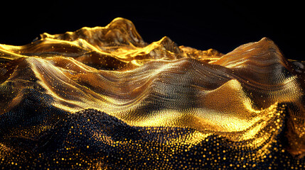 Abstract digital art of shimmering golden and dark waves resembling a landscape.