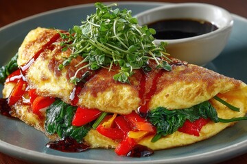 A colorful vegetable omelet with spinach and peppers is beautifully plated, drizzled with sauce, and topped with fresh microgreens