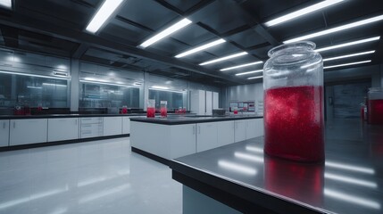 A sleek futuristic laboratory setup with a floating digital interface displaying virus containment progress