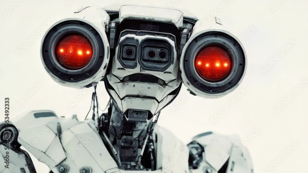 Poster a close-up view of a robot's head with a camera attached, suitable for use in tech or sci-fi related