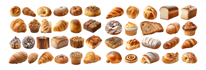 Bakery items collection set of breads and rolls isolated on a transparent background