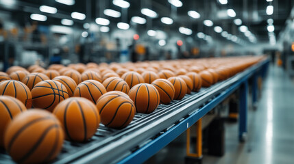 Ball factory, Line of various sports balls including footballs, basketballs, and volleyballs in one image.
