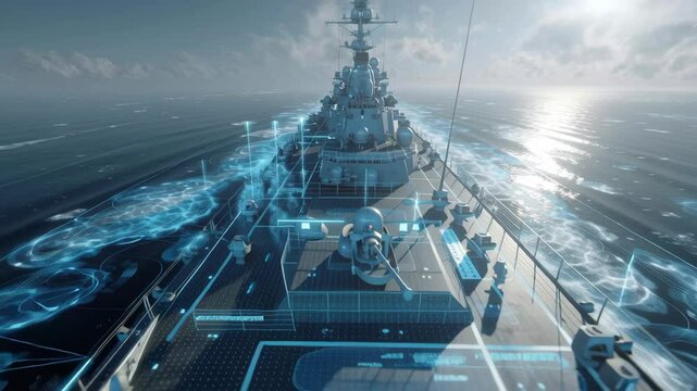 Futuristic holographic augmented reality interface showing tactical data on the deck of a modern warship sailing in the ocean, concept of future navy and military technology