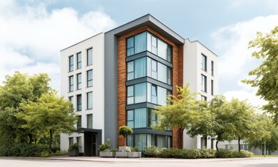 Fototapeta premium Modern Apartment Building Exterior with Lush Landscaping