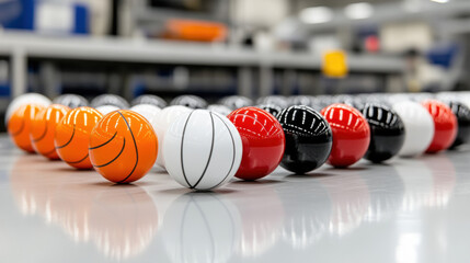 Ball factory, A collection of sports balls featuring footballs, basketballs, and volleyballs in a single image.