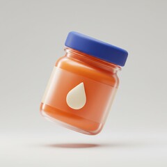 3D render of a glass jar with orange jam or honey. Blank label with a drop icon is perfect for food packaging mockups, grocery product branding, and advertising presentations. Isolated.