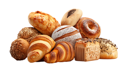 Collections of different types of breads and pastries isolated on a transparent background