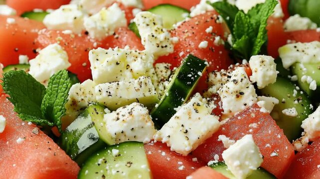 A salad with watermelon, cucumber, and feta cheese. The feta cheese is sprinkled with black pepper