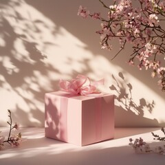 Pink present box with satin ribbon and delicate floral shadows &mdash; elegant gift scene ideal for Valentine&rsquo;s Day, Mother&rsquo;s Day, weddings, branding, or luxury product ads