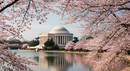 Jefferson Memorial Spring Blossom Panorama Washington DC Cherry Trees and Sunrise Reflection