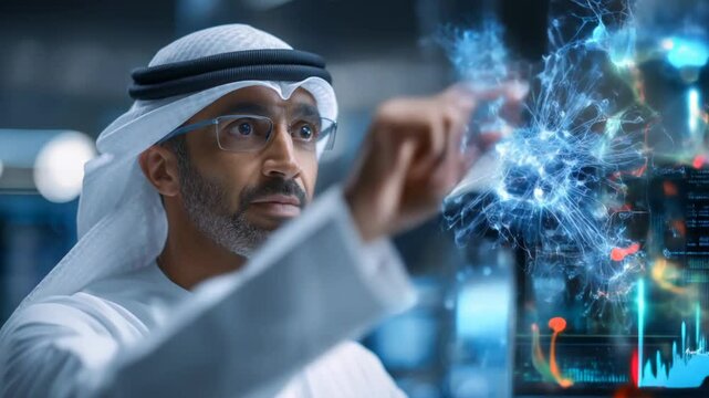 Emirati Scientist Analyzing Data on Futuristic Transparent Screen in Modern Laboratory Setting - Powered by Adobe