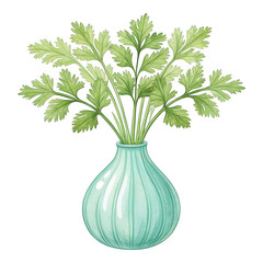 Fresh Green Herb Leaves in Elegant Turquoise Vase on White Background