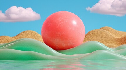 Surreal Pastel Landscape with Pink Sphere and Golden Dunes