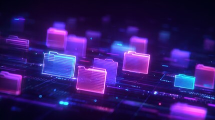 Abstract network grid with files and folders, futuristic software interface, digital document management system, store, search and organize documents, corporate business, paperless office	
