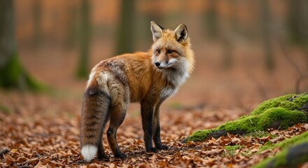 Fototapeta premium Red Fox Standing on Leafy Forest Floor with Mossy Logs in Autumn Landscape