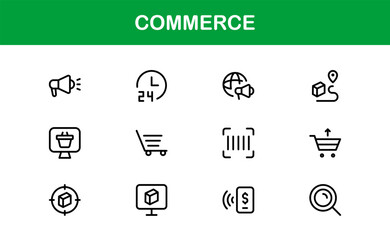Commerce Line Icon Set – Modern, Professional Thin Outline Icons of Finance, Trade, Banking, Business, Shopping, and Economic Transactions