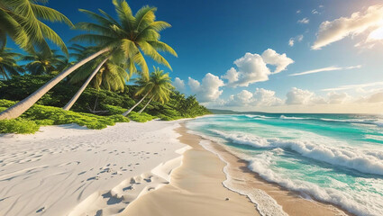 Tropical beach with palm trees a paradise of sun, sand, and ocean waves