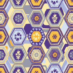 Vibrant vector hexagonal patchwork seamless pattern merging geometric shapes with organic floral details, creating dynamic background design for textile and interior