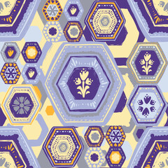 Vector hexagonal patchwork seamless pattern, hexagon geometric shapes with organic floral details, creating dynamic background design for textile and interior