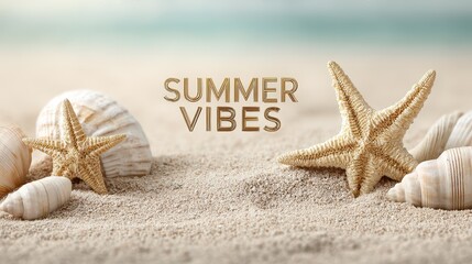 Looping animation of golden sand with scattered seashells, coconuts, and glowing starfish. Palm shadows sway slowly as light flares gently appear. In the center glowing text "SUMMER VIBES" 