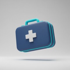 Fototapeta premium Minimalist 3D illustration of a first aid kit or medical briefcase. This icon symbolizes emergency healthcare, medical services, hospital care, doctor's bag, and health insurance.