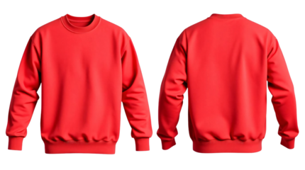 Red sweatshirt in front and back view, mockup isolated on transparent background