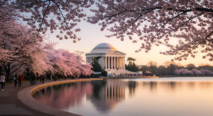 Jefferson Memorial Spring Blossom Panorama Washington DC Cherry Trees and Sunrise Reflection