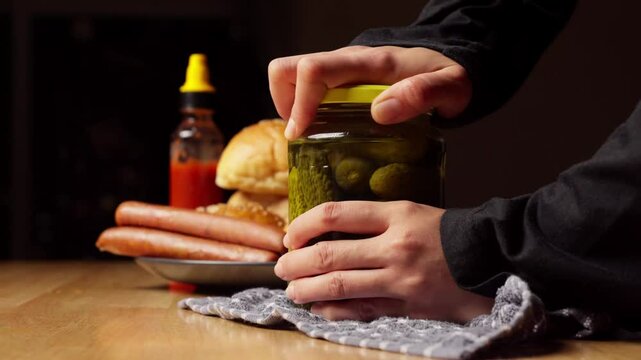 person opening cucumber pickle jar, with hot dog and hamburger in the background