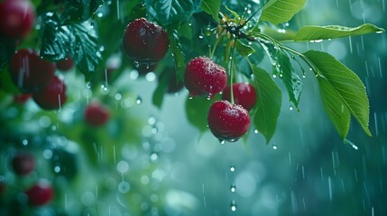 
Summer heavy rain in forest. Drops of water dripping from green leaves of cherry tree. Beautiful calming background. Weather, environment, nature concept. High quality