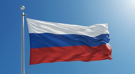 National Flag of Russia Waving Against a Clear Blue Sky