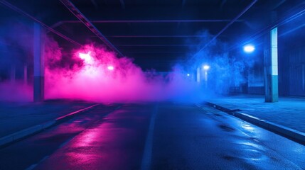 Neonlit night road scene.