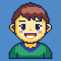 Obraz premium A 3D glossy emoji of a smiling boy in pixel art style with green shirt