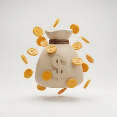 3D Render of a Money Bag with Gold Coins Wealth, Finance, and Prosperity