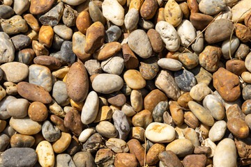 Assortment of colorful river pebbles in sunlight close-up