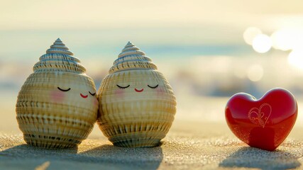 Two happy shells on the beach sharing a sweet romantic moment by the ocean. A fun and alternative love story perfect for valentine, wedding, engagement, anniversary, and romantic themes. - Powered by Adobe