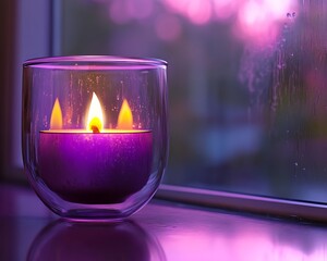 A purple candle in a clear glass container sits on a surface near a window with a blurred background