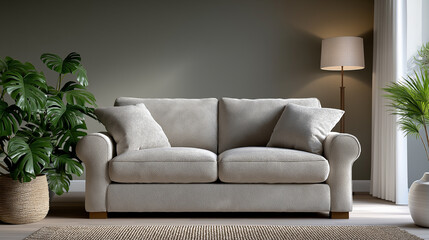 Fototapeta premium Stylish Home Interior Featuring Modern Sofa, Indoor Plants, and Woven Textures – Calming Living Room in Soft Natural Light and Cozy Decor, interior styling, home decor, boho chic, tropical vibe, cozy 
