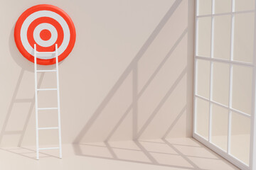A ladder leans against a wall with a large red and white target, casting shadows in a sunlit room....