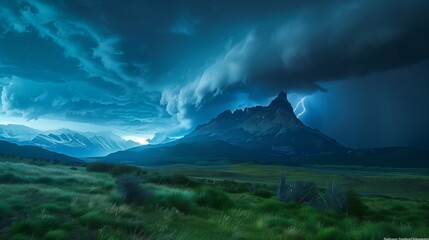 Thunderstorm over a landscape of mountains and grassland. Patagonia in Chile, South America.