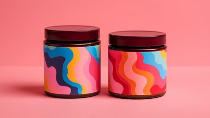 Two Cylindrical Jars with Colorful Wave Pattern Labels on Pink Background