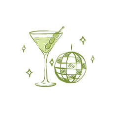 Cute hand drawn martini cocktail and disco ball beside vector
