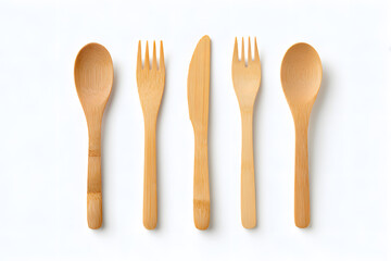 Bamboo cutlery set on white background. Eco-friendly bamboo cutlery set including fork, spoon, knife, and chopsticks, isolated on white. Ideal for sustainability, zero waste, and eco-lifestyle 