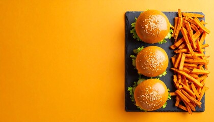 American Burger Slider Trio With Sweet Potato Fries And Pickles On Slate Board