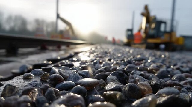 Wet stones leading to blurred construction vehicles and track