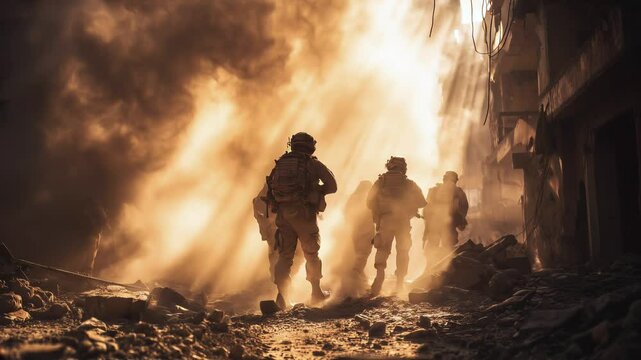Dramatic combat scene, group of soldiers races through cloud of smoke and dust on hostile battlefield. Danger of modern combat, for military documentaries, action projects, training simulations