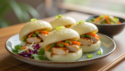 Steamed Teriyaki chicken and vegetable bao buns served with Asian style salad.
