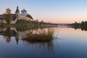 October evening on the Velikaya river. Historical center of Pskov, Russia