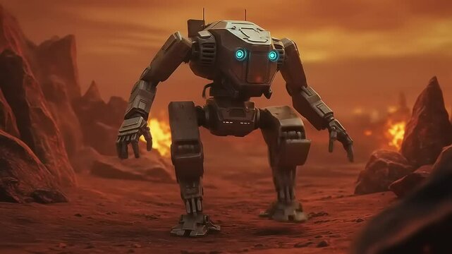 Futuristic robot exploring a desolate Martian landscape with fiery background and rugged terrain