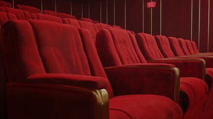 Rows of plush red velvet seats in a dimly lit theater or auditorium setting